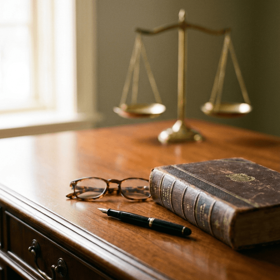 LAW FIRM Scales of justice, law book and glasses on a desk